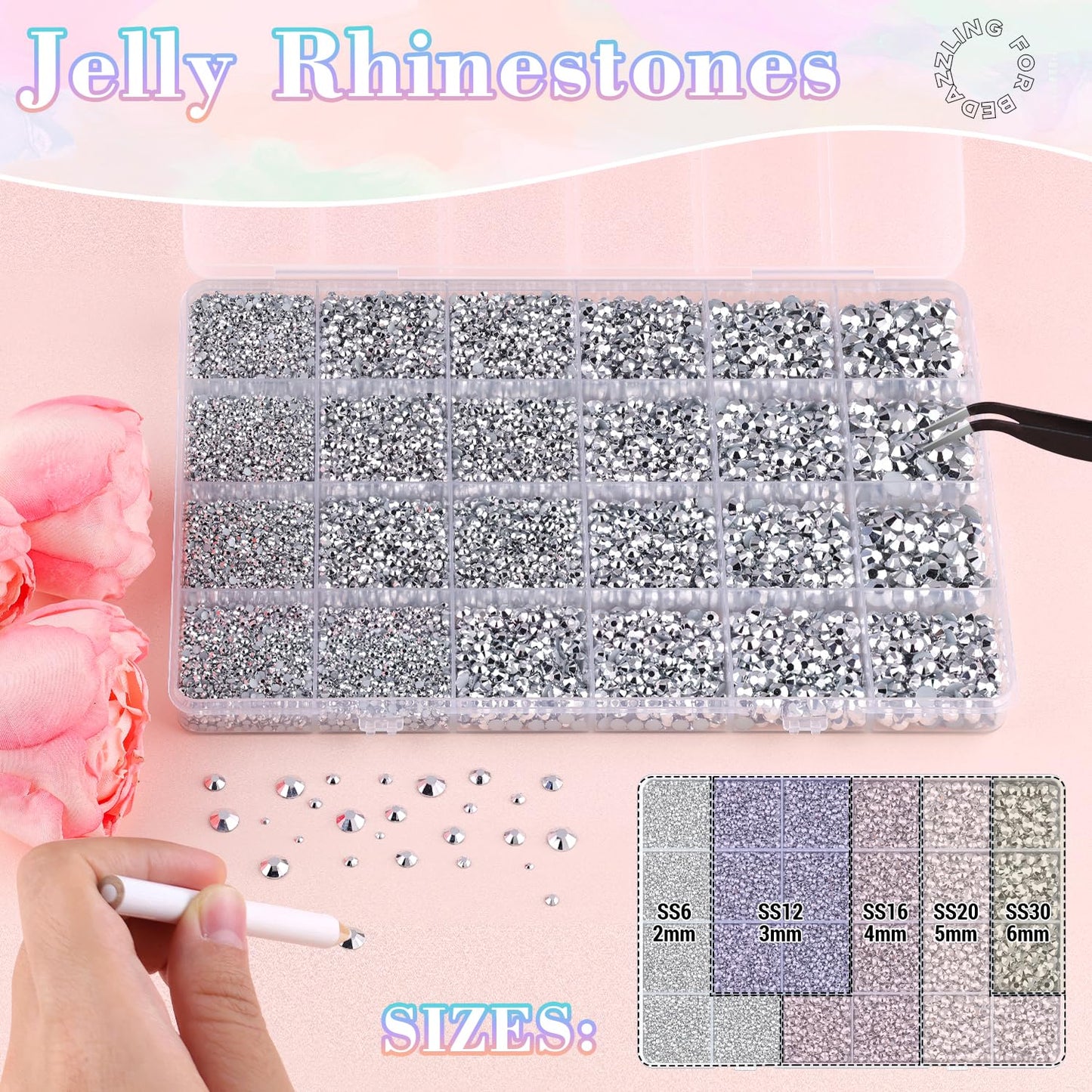 25000Pcs Resin Rhinestones with B7000 Jewelry Glue for Crafting, Silver 2-6mm Non Hotfix Flatback Gems, Bedazzling Crystal for DIY Crafts Clothing Tumblers Mugs Shoes Fabric Decor Nail Art