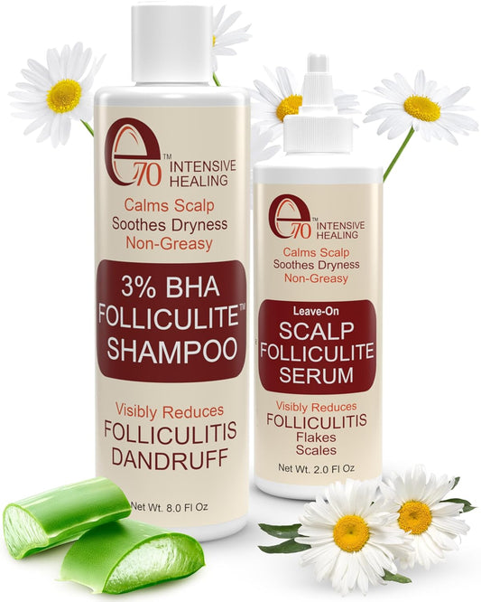 Folliculitis Treatment Shampoo & Serum with 3% BHA, Salicylic Acid, Tea Tree Oil & Chamomile Extracts - Anti Itch Shampoo for women & men with Flaky Scalp Treatment Acne, Made in USA by e70, 8 fl oz