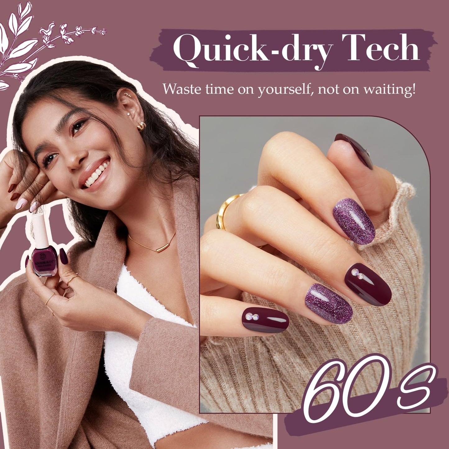 AZUREBEAUTY Nail Polish Set, 4 Colors Brown Purple Glitter Quick Dry Natural Nail Lacquer Strengthening Treatment Kit with Top Coat DIY Salon at Home