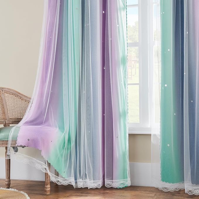 XiDi Curtains for Bedroom Decor, Rainbow Purplgreen grey34/54 - Image 4