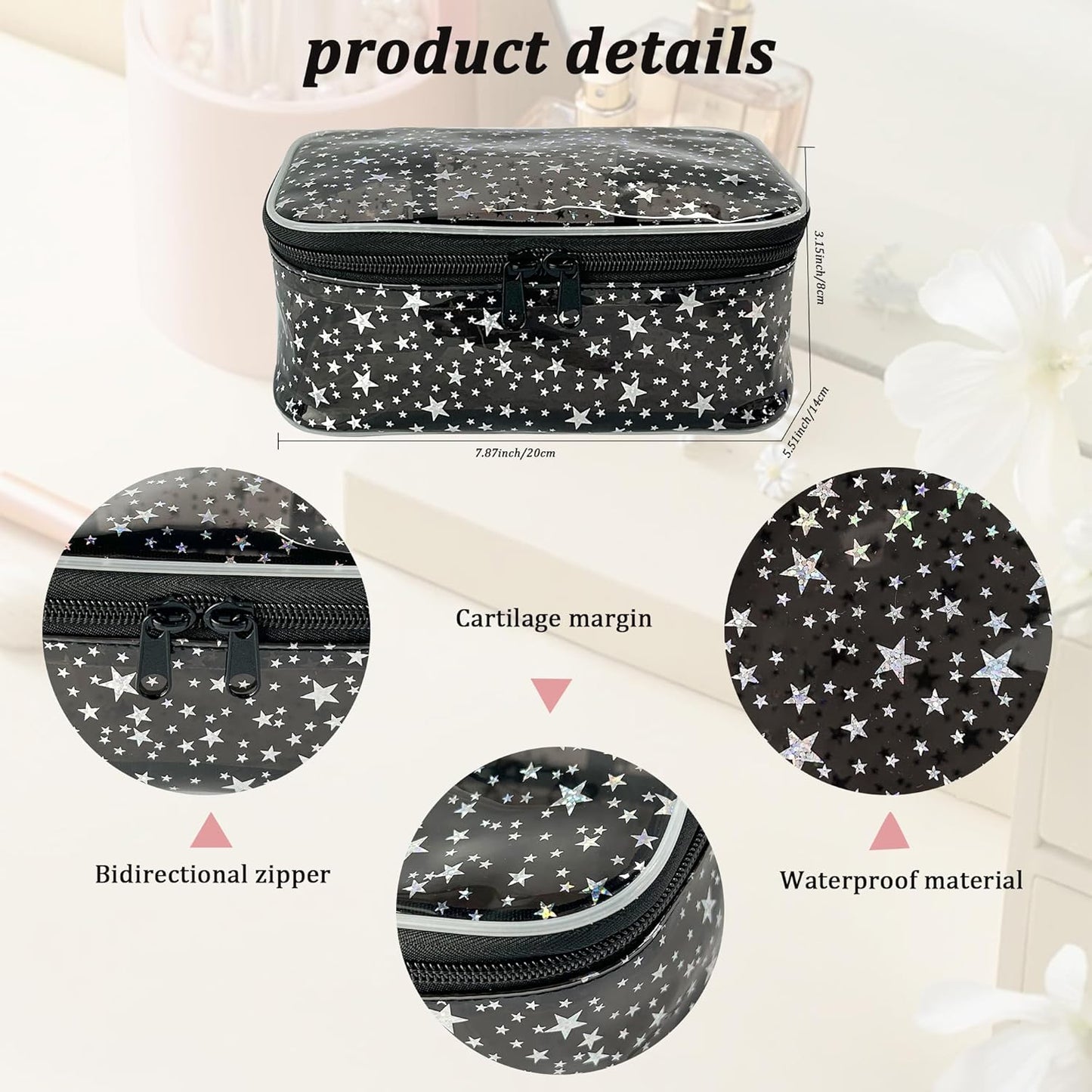 Holographic Makeup Bags Bulk,Clear Storage Bag Toiletry Pocket Portable Zippered Iridescent Pouch Waterproof Cosmetic Gift Bags for Women (Black)