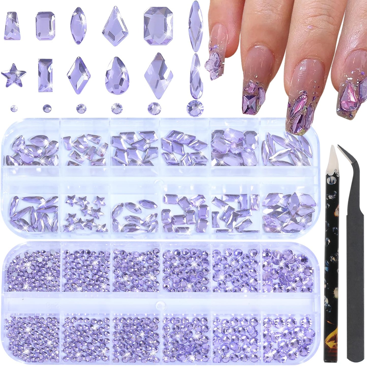 HNUIX Nail Rhinestones - 1600pcs 3D Multi Shape Size, Light Purple Nail Gems, Flat Back, with Kit, for Nail Art, DIY Decorations