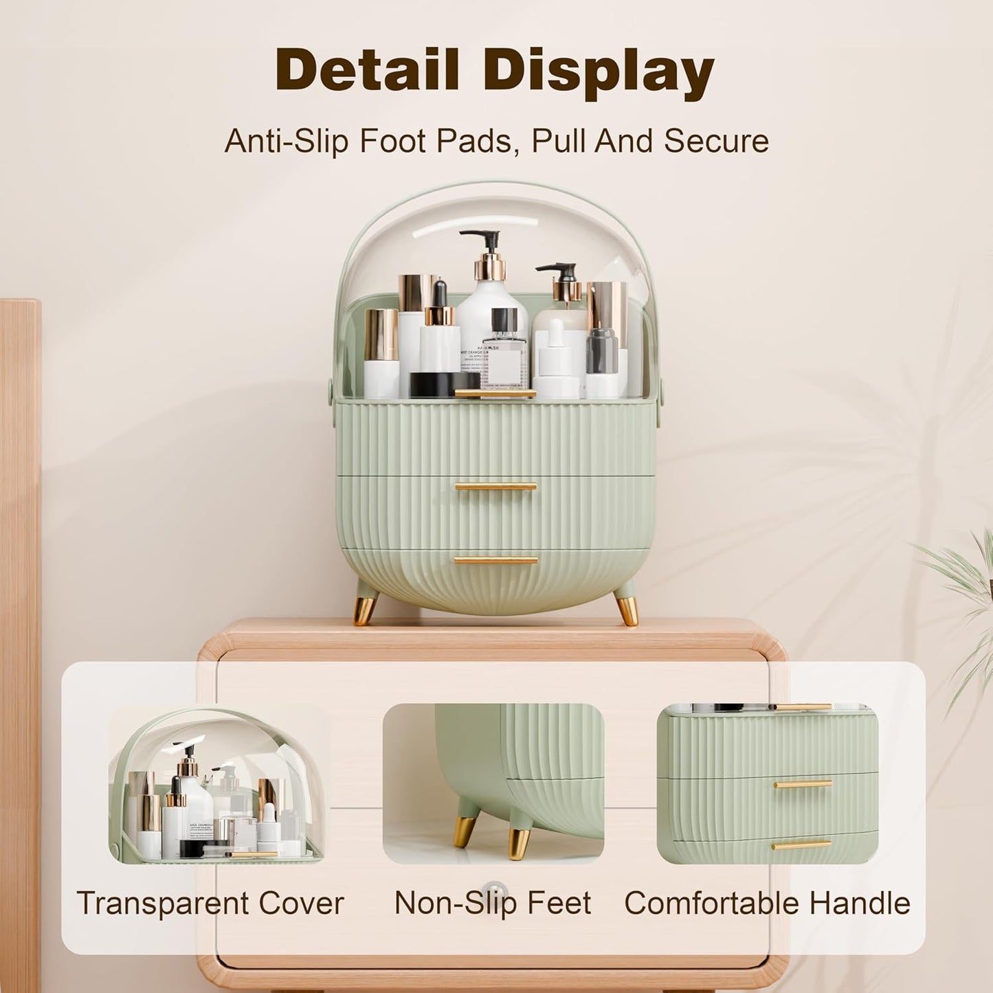 Makeup Organizers and Storage, Make up Organizer for Vanity Cosmetics Skincare Organizers With Lid and Drawers Display Cases for Countertop（Light Green）