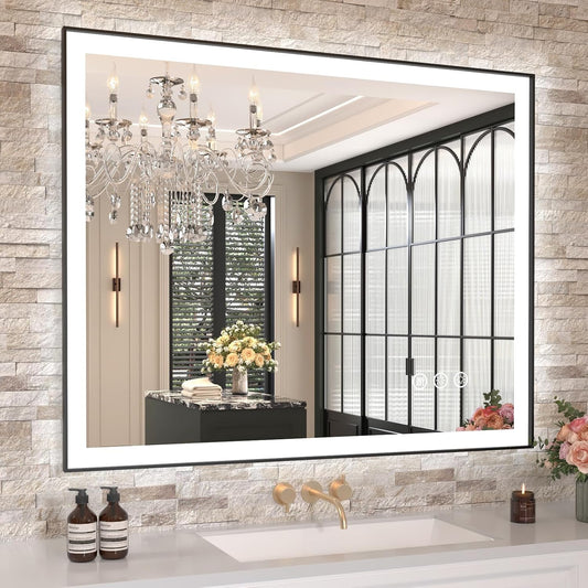 Amorho 40"x 32" LED Bathroom Mirror with Black Frame, Front Light and Backlit(Controlled Separately), Stepless Dimmable, Anti-Fog, Shatter-Proof, 3 Colors, Memory