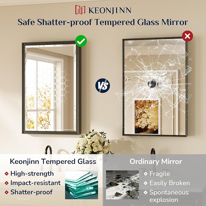 Keonjinn 24" x 36" Black Bathroom Mirror, Brushed Black Framed Mirror - Image 6