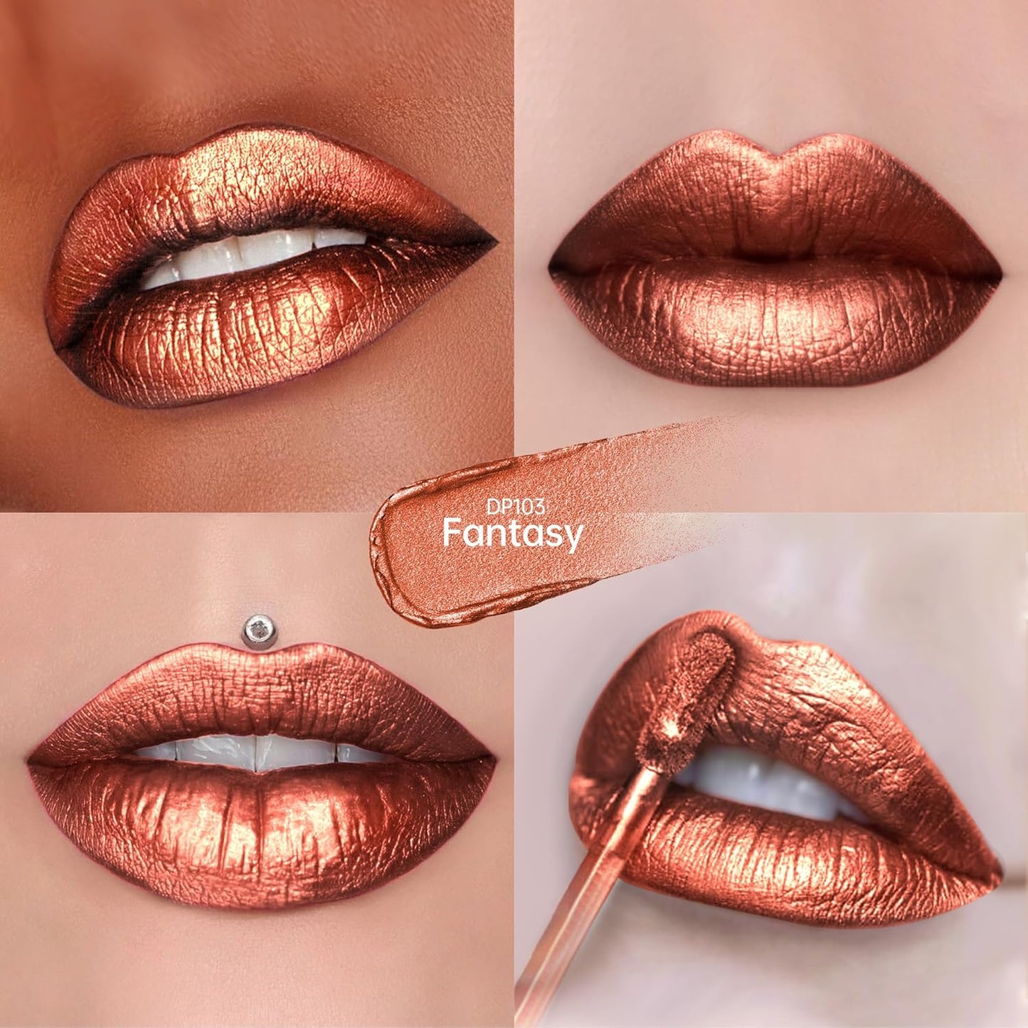 Bronze Lipsticks for Women Metallic Lipstick Long Lasting Non Stick Cup Lip Gloss, Metal Shine Lightweight Hydrating Full Coverage Lip Color, P103 Fantasy