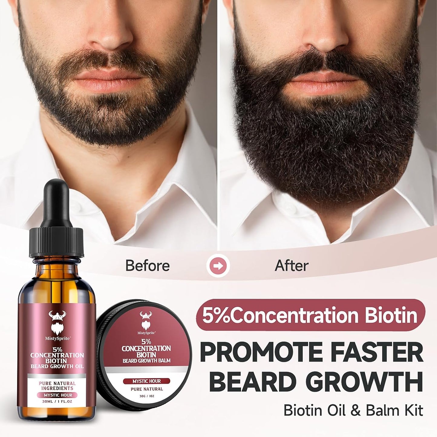 Beard Growth kit & Beard Balm - Beard Growth Kit with 5% Concentration Biotin for Men, Natural Ingredients with Argan Oil, Jojoba Oil and Vitamin (Mystic Hour)