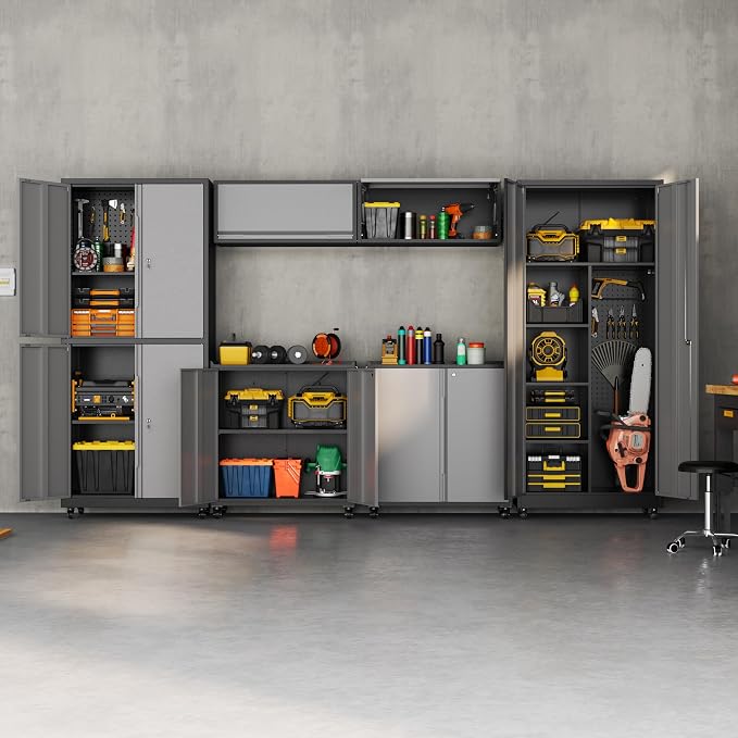 Garage Storage Cabinet with Wheels, Metal Storage Cabinet with 2 Doors and - Image 2