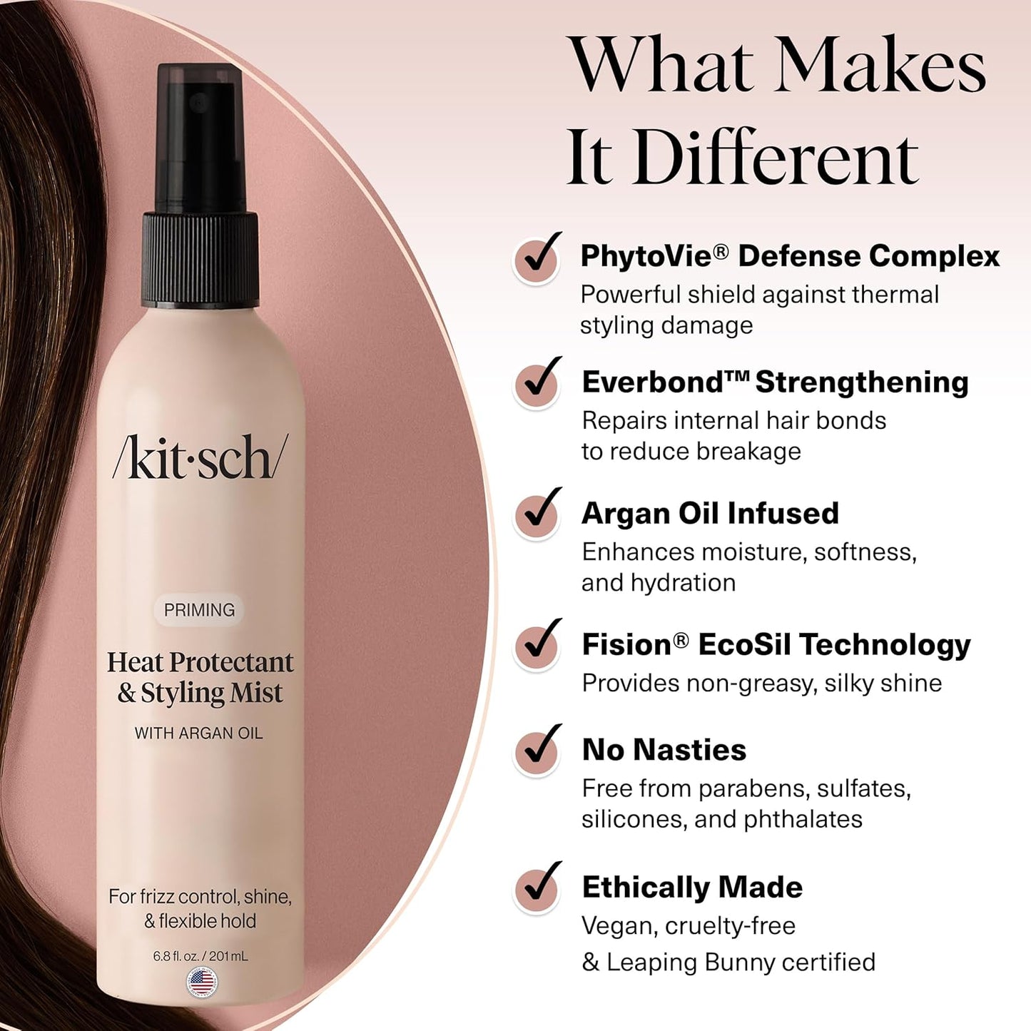 Kitsch Heat Protection Spray for Hair – Heat Protectant for Hair with Argan Oil – Styling Hair Spray for Frizz Control, Shine & Damage Protection – Protects Strands Up to 450°F – 6.8oz