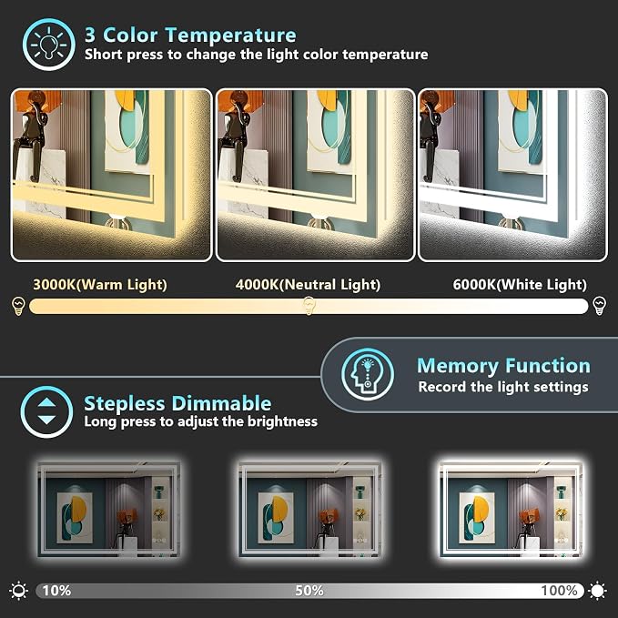 48x28 LED Bathroom Mirror with Lights, Backlit and Front Lit Anti-Fog Lighted - Image 4