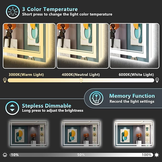 48x40 LED Bathroom Mirror with Lights, Backlit and Front Lit Anti-Fog Lighted - Image 4