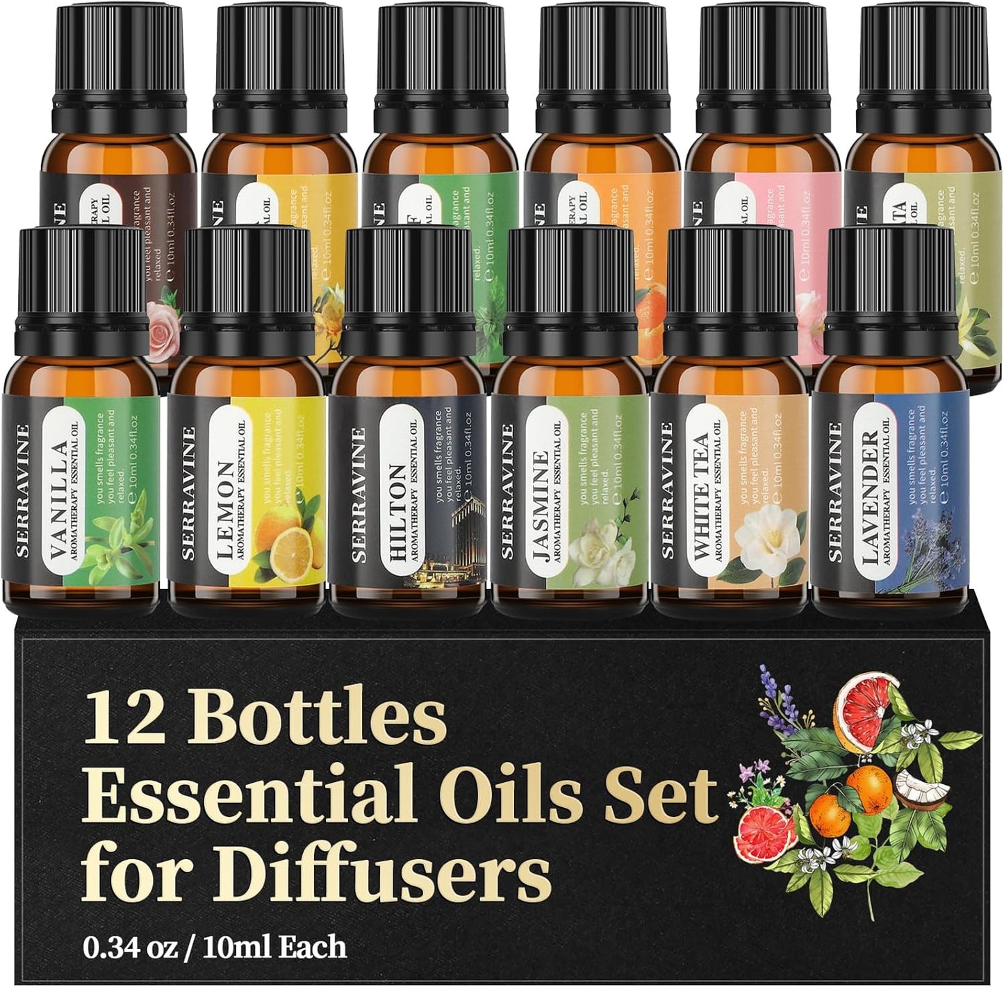 Perfect for Diffusers – 12 Natural Essential Oils Set with Gift Box & Bag | Lavender, Vanilla, Rose, Peppermint & More | Ideal for Aromatherapy, Relaxation & Home Use