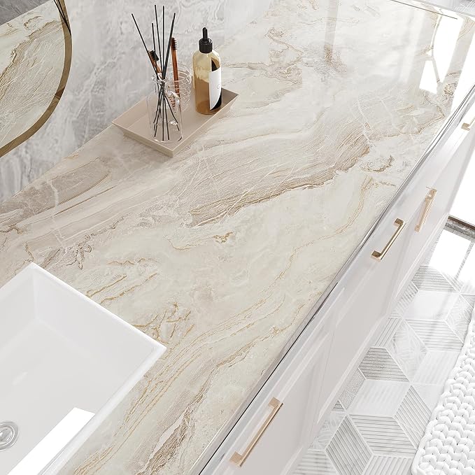 VEELIKE Wide 32''x354'' Beige Gold Marble Contact Paper - Image 2
