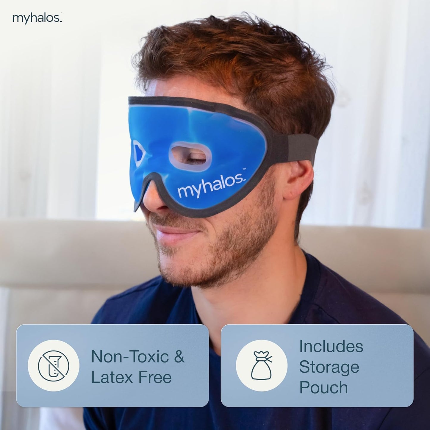 MyHalos Gel Eye Mask - Reusable Cooling Eye Mask with Adjustable Straps - Cold Mask for Puffy Eyes, Dark Circles and Hangovers - Eyes Ice Pack Compress for Sinus, Headaches & Puffiness, Blue (2-Pack)