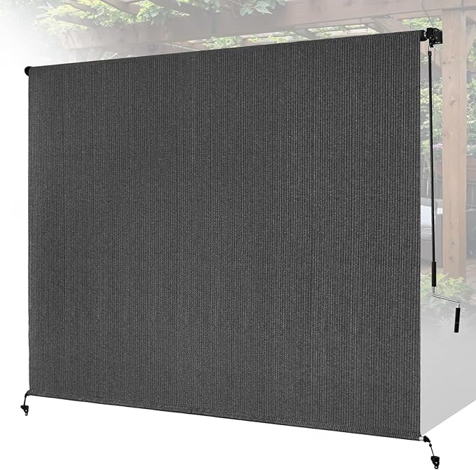 8'W x 6'H Gray Patio Shades Roll up Outdoor Roller Shade Crank Wand Blind by Unknown