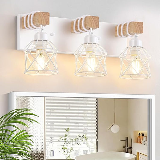 FadimiKoo 3-Light Farmhouse White Bathroom Vanity Light Fixtures, Rustic Wood by FadimiKoo