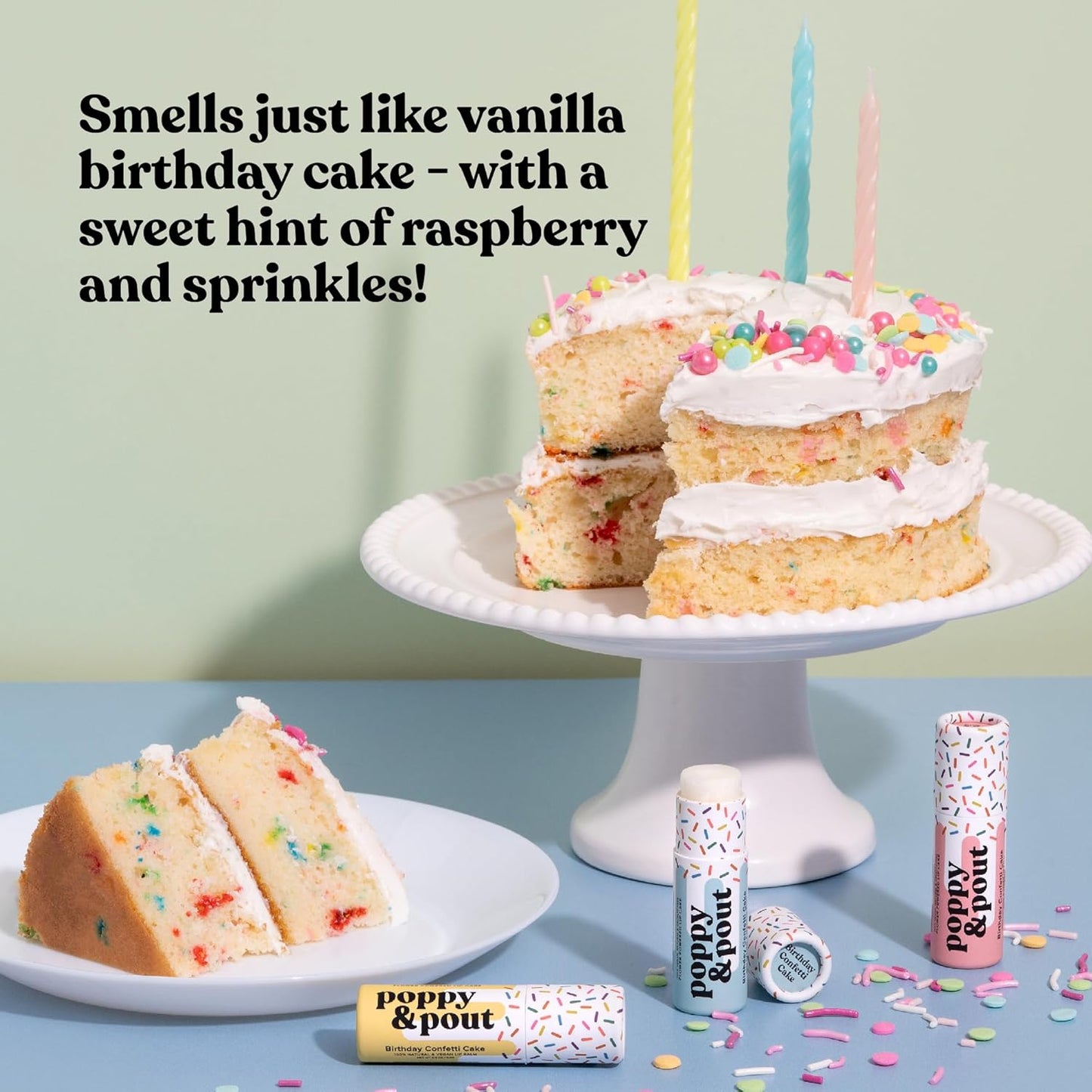 Poppy & Pout Birthday Cake Jumbo Lip Balm | All Natural Lip Balms & Moisturizers | Hydrates with Beeswax, Vitamin E, Organic Coconut Oil | Cruelty-Free | Lip Balm in Recyclable Cardboard Tube (Yellow)