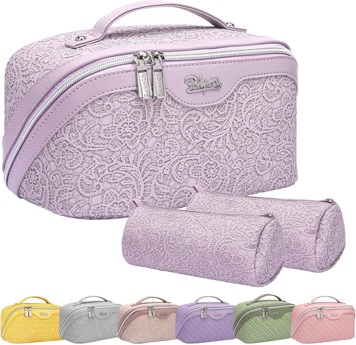 BOYATU Travel Makeup Bags for Women: Vegan Leather Cosmetic Bag Set of 3 - Large Capacity Make up Bag with Divider - Wide Open Waterproof Toiletry Organizer Bag with Handle (L12-Violet)