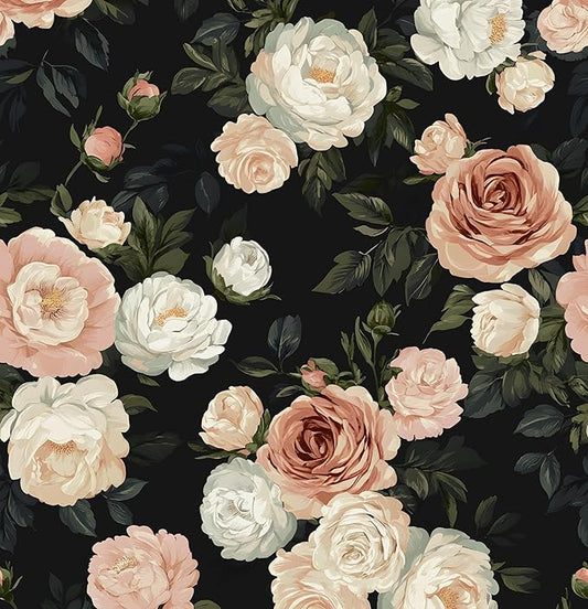 Pink White Rose Peony Wallpaper Peel and Stick Black Floral 17.5in x 118in by Laatse