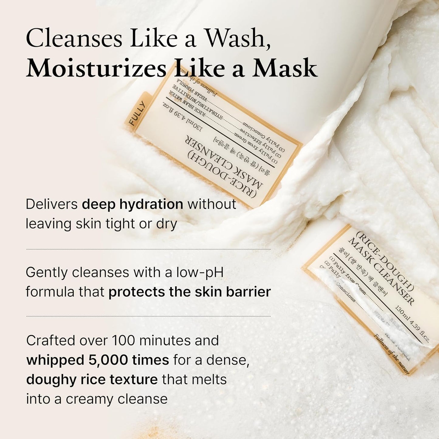 FULLY Rice-Dough Mask Cleanser, Hydrating Mask, Nourishing, Low-pH Formula, Clear Pores, Face Wash, Dry & Sensitive Skin, Vegan Korean Skincare 4.39 fl.oz
