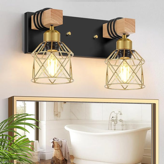 FadimiKoo Rustic Style Wood Bathroom Wall Sconces, 2-Light Black Gold Bathroom by FadimiKoo