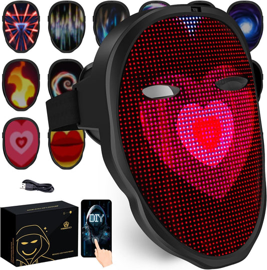 MEGOO Led Mask with Bluetooth Programmable App,Shining Led Light Up Face Mask for Adult Kid Halloween Masquerade Party