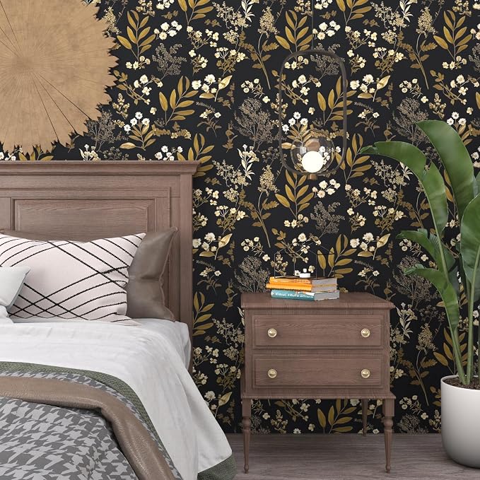 Laatse Black Gold Wallpaper Peel and Stick Dark Floral Wallpaper 17.5in x 118in - Image 4