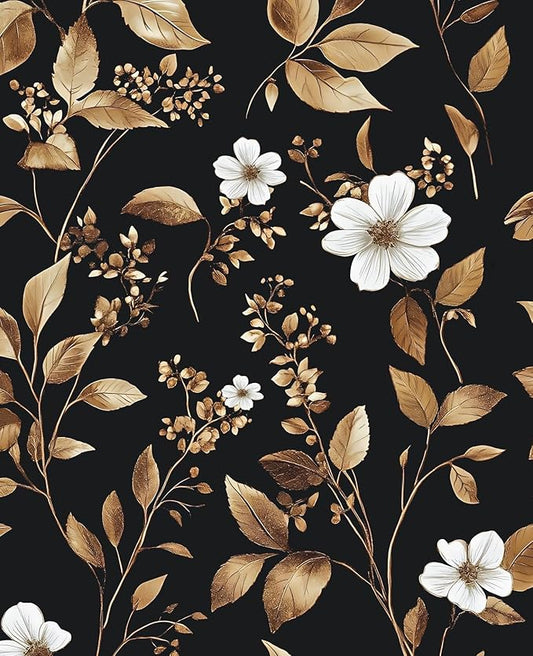 Vintage Black Peel and Stick Wallpaper – Black and Gold Floral Leaf Design Dark by VOLEAARWALLPAPER