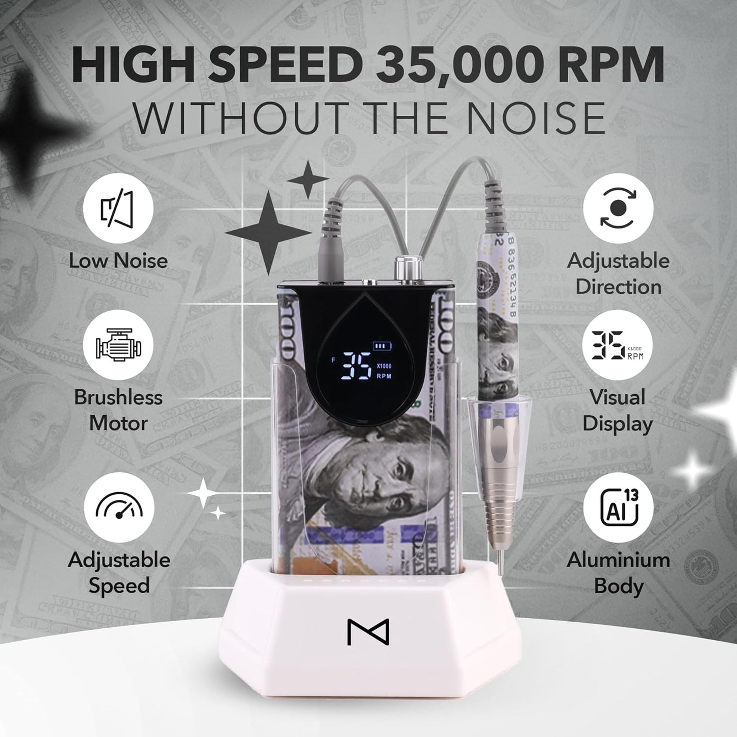 M Max - Nail Drill Professional - 2-in-1 Brushless Motor Nails Drill Machine - Electric, Cordless, Aluminium Alloy Casing, 35000 RPM, HD Display - Perfect for Salon & Home Use Special Edition - Money