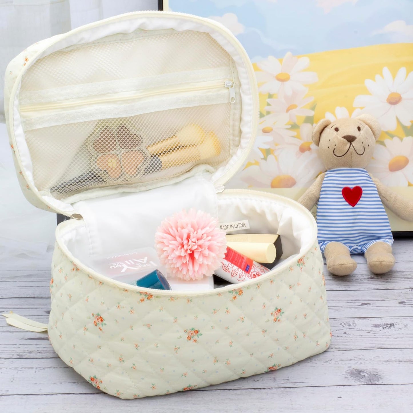 PAZIMIIK 3PCS Makeup Bag SET Large Travel Quilted Zipper Soft Cosmetic Case Pouch for Women Girls Make Up,Floral White