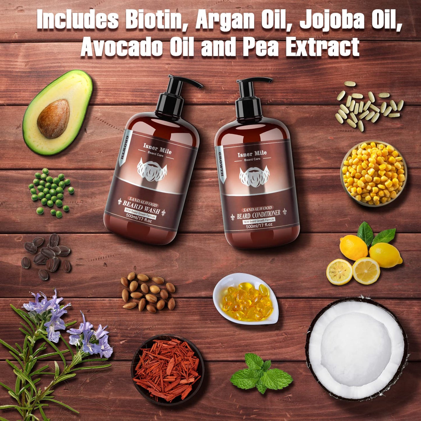 ISNER MILE Beard Wash & Conditioner Set for Men - 17 oz Shampoo with Biotin, Argan & Jojoba Oils for Smooth, Soft, and Strengthened Beard - Sandalwood Scented Grooming Gift