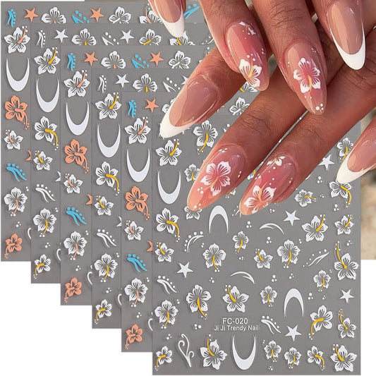 Flower Nail Stickers Fall Nail Decals 6PCS 3D Self-Adhesive White Yellow Blue Orange Floral Nail Design Autumn Nail Art Supplies DIY Acrylic Nail Art Decorations Accessories Flowers Sticker for Women