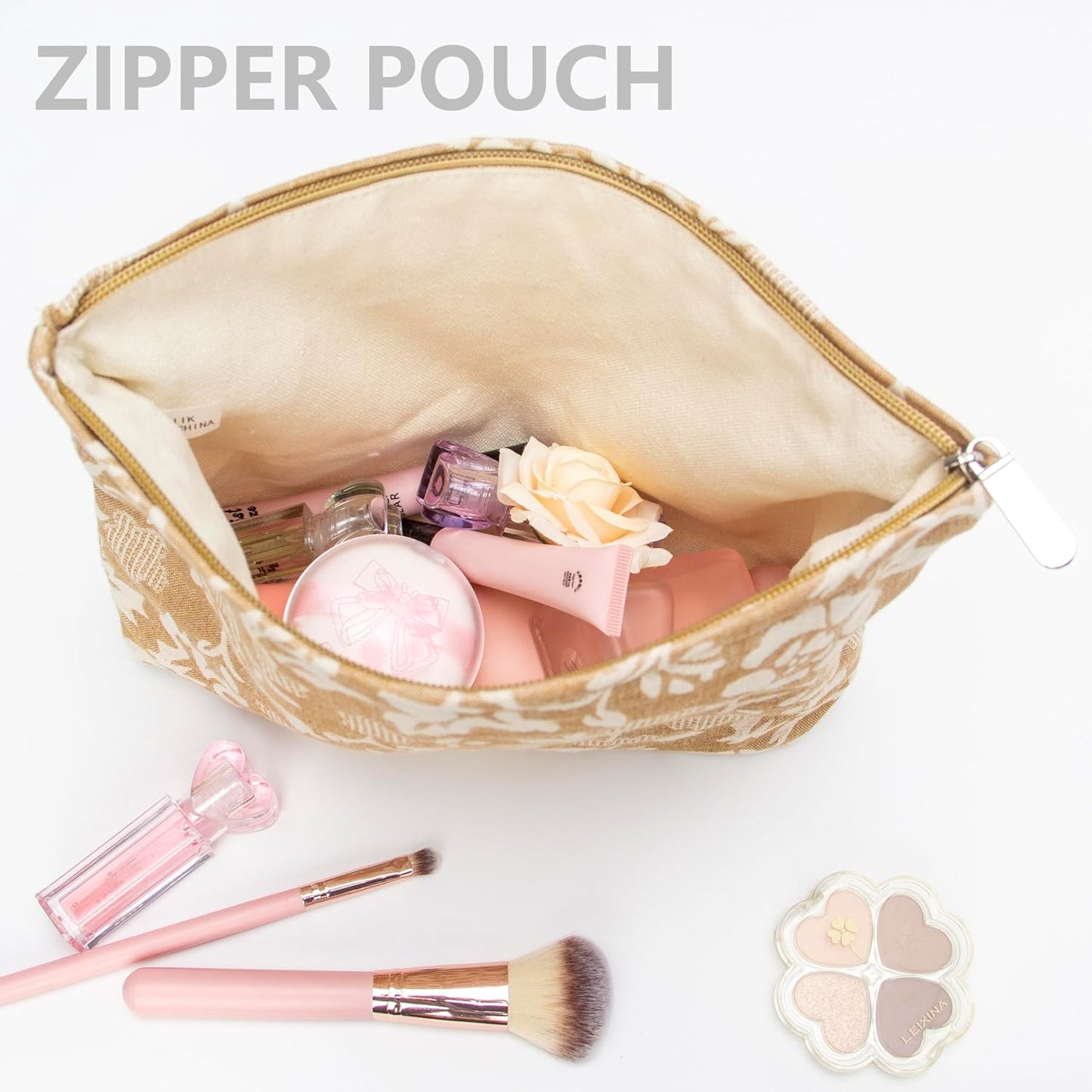 PAZIMIIK Makeup Bag Large Cotton Zipper Pouch for Purse Travel Canvas Make Up Organizer for Women Cosmetic,Rose Linen