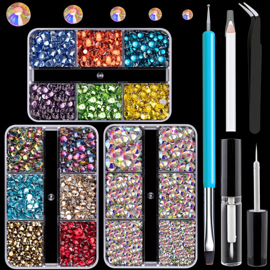 Colorful Face Gems for Makeup Set, Flatback Gorgeous AB Glass Gems+Mixed-Colored Crystals with Picker Pencil, Makeup Glue, Dual-End Dotting Tool, Tweezer for Eye Body Hair Make-up and Nail Art Deco
