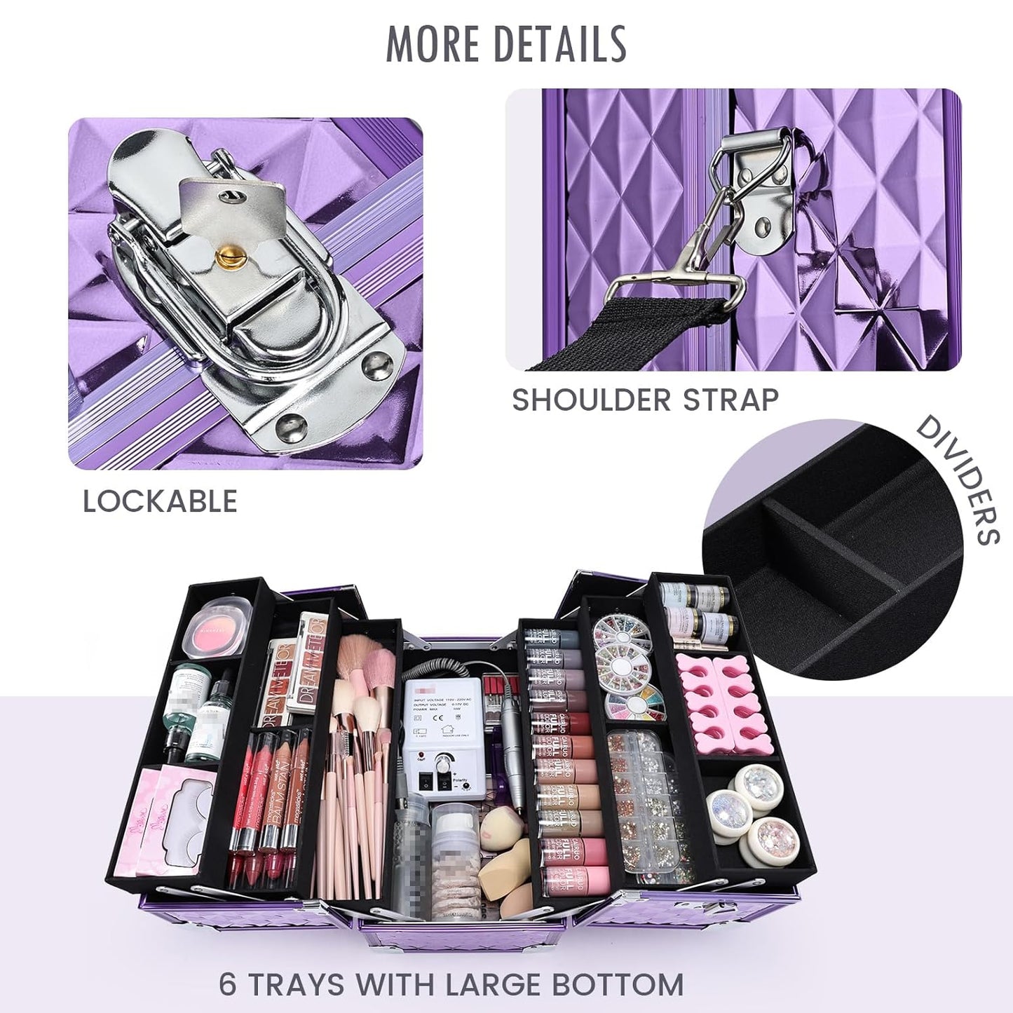 FRENESSA Makeup Train Case Makeup Case 12.6 Inch Large Cosmetic Box Organizer Travel Storage Professional Make Up Train Carrying Case with 6 Trays Locking Shoulder Strap Hard Vanity Storage Purple