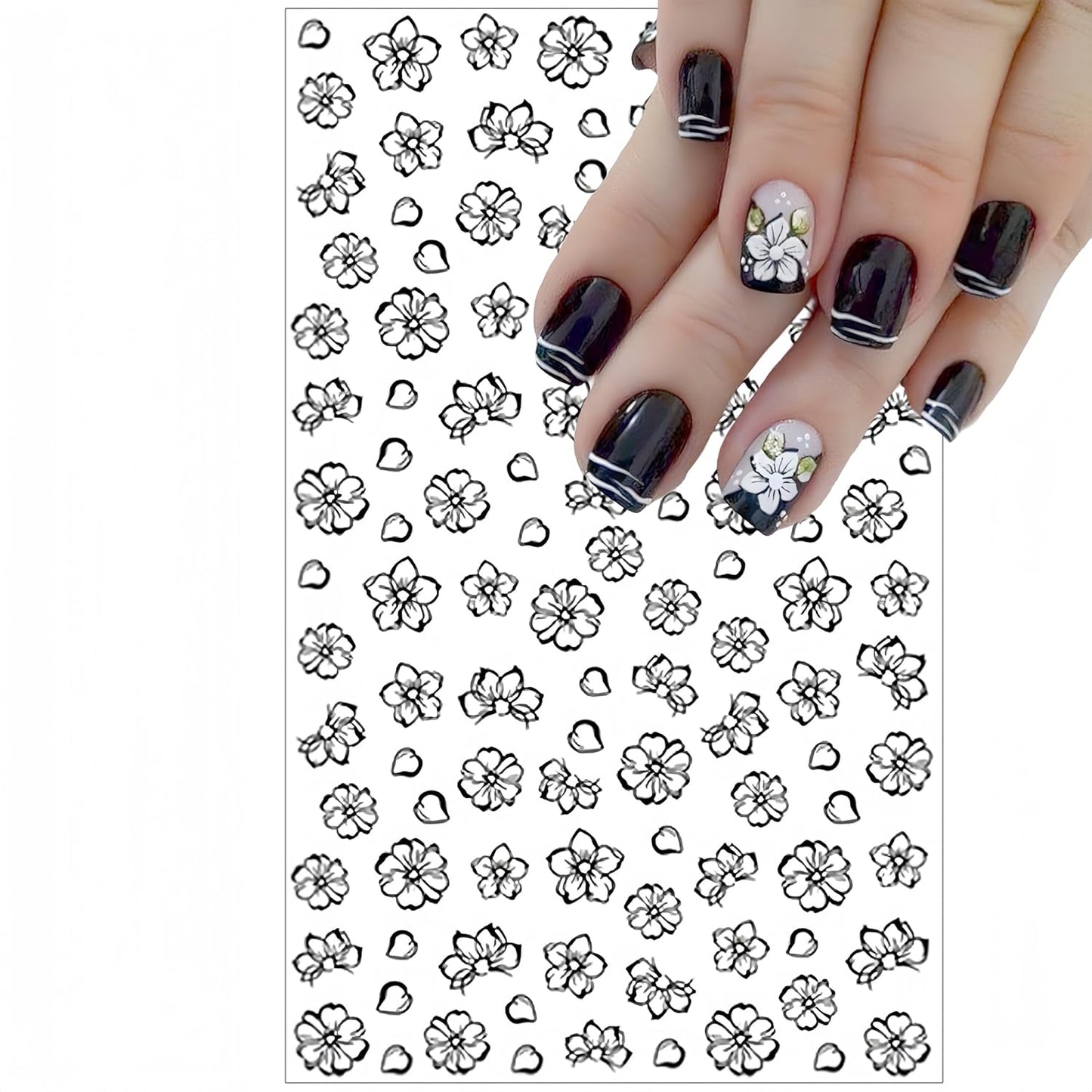 6Sheets Summer Flower Nail Art Stickers Black White Flower Nail Decals 3D Self Adhesive Nail Decals White Floral Cherry Blossoms Floret Nail Design for Women DIY Nail Decoration Accessories Craft