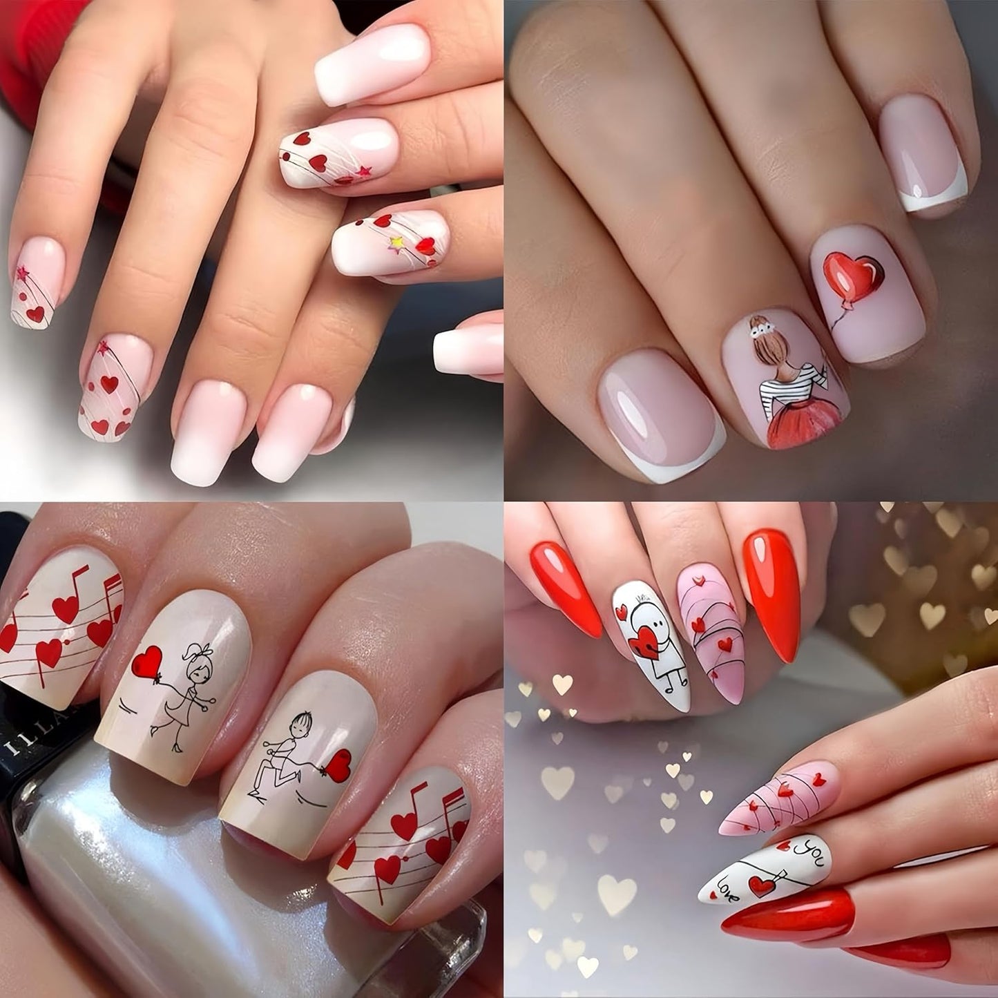 6 Sheets Valentine's Nail Stickers 3D Self-Adhesive Red Couple Balloon Pattern Stickers Romantic Design for Women Girls Valentine's Nail Art Decoration