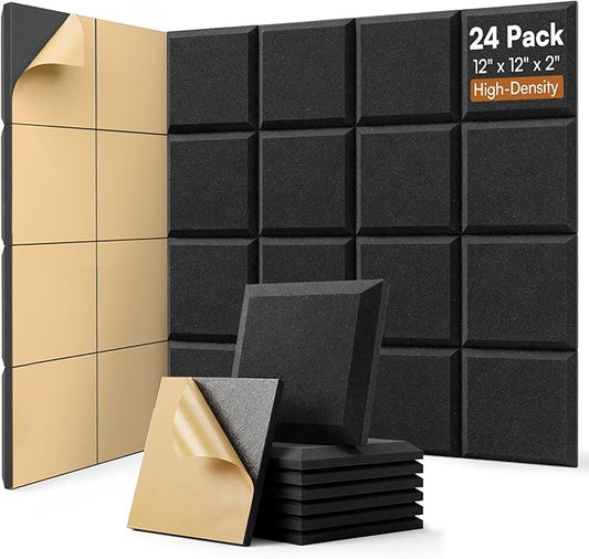 SODOCT 24 Pack Acoustic Foam Panels Flat Shape, Self-Adhesive 12 x 12 x 2 Inches by SODOCT