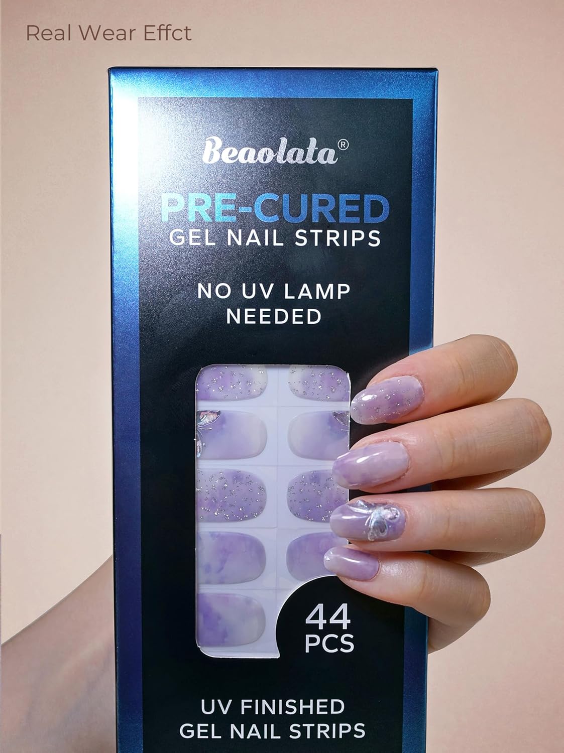 Pre Cured Gel Nail Strips - 44PCS Salon Quality Gel Nail Stickers - Long Lasting Polish Wraps for Women no UV Light Needed Easy Apply& Remove (Dreamy Purple）