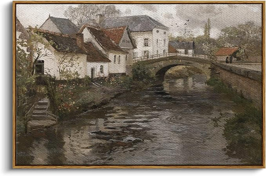 InSimSea Framed Canvas Wall Art Vintage Decor, Riverside Small Town Large by InSimSeaArt