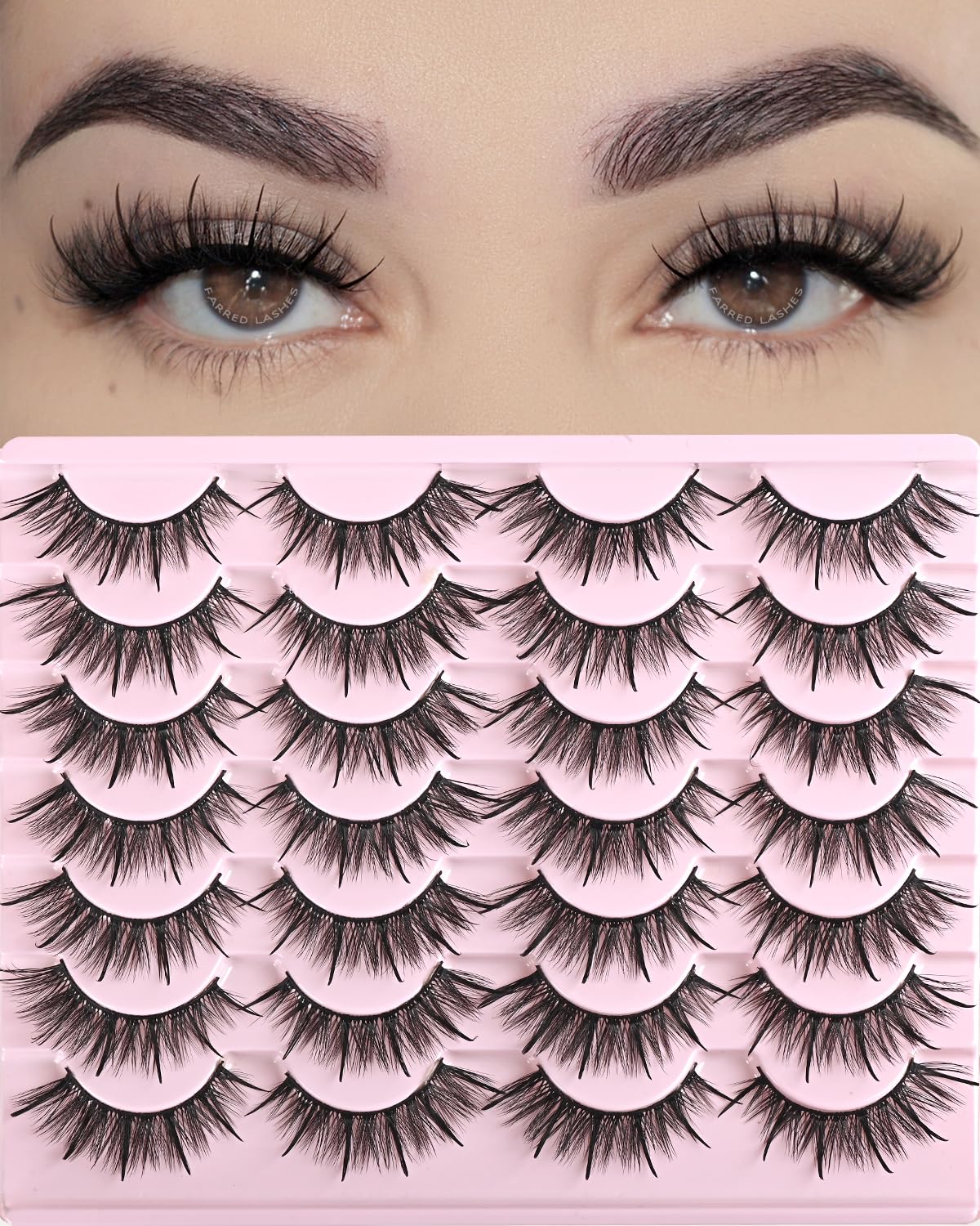 FARRED Wispy Lashes Hybrid Mink Eyelashes 14 Pairs Short Cat Eye Natural Fluffy False Eyelashes Faux Mink Strip Eye Lashes Pack for Daily Makeup (F17 | 8-16 mm)