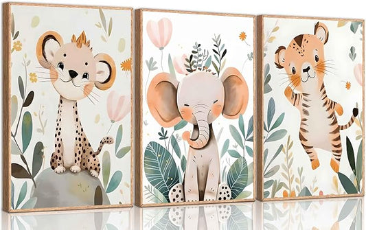 3 Pcs Safari Animals Nursery Canvas Wall Art Jungle Animals Cheetah Elephant by SXHANJXT