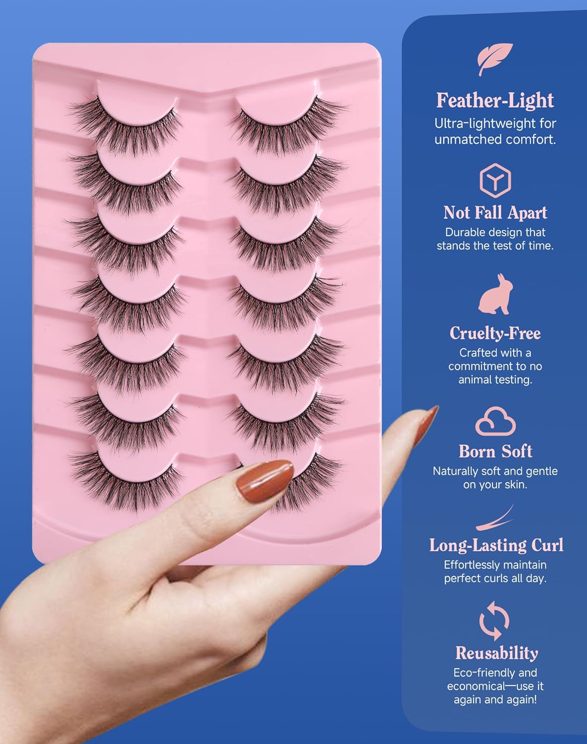 Natural Lashes Wispy False Eyelashes Strip Flared Natural Look Eyelash CatEye Lash Soft Lashes Fluffy Mink Eyelash Pack 7 Pairs 16MM D76