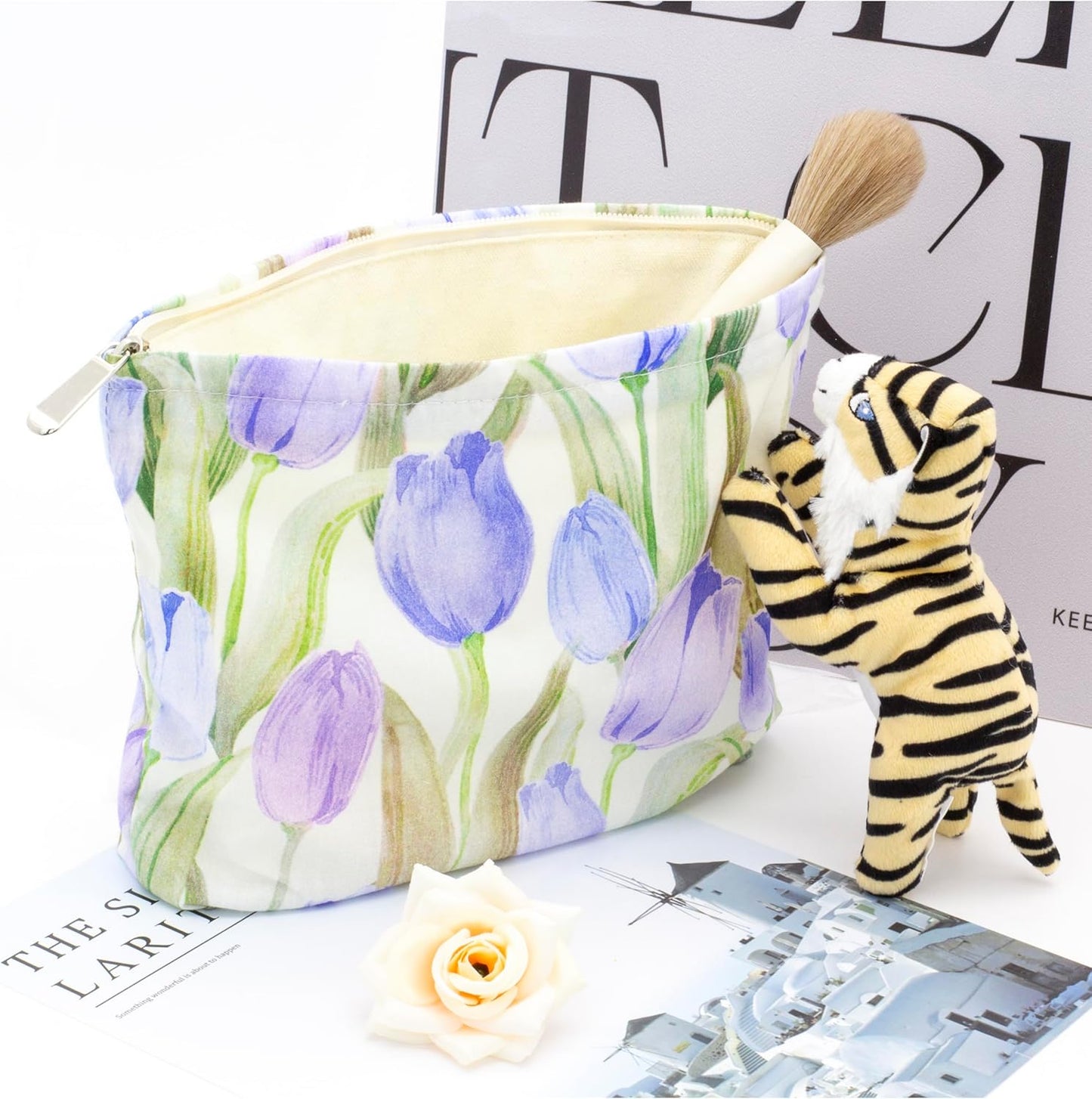 PAZIMIIK Floral Makeup Bag Large Cotton Zipper Pouch for Purse Travel Canvas Make Up Organizer for Women Cosmetic,Tulip Purple