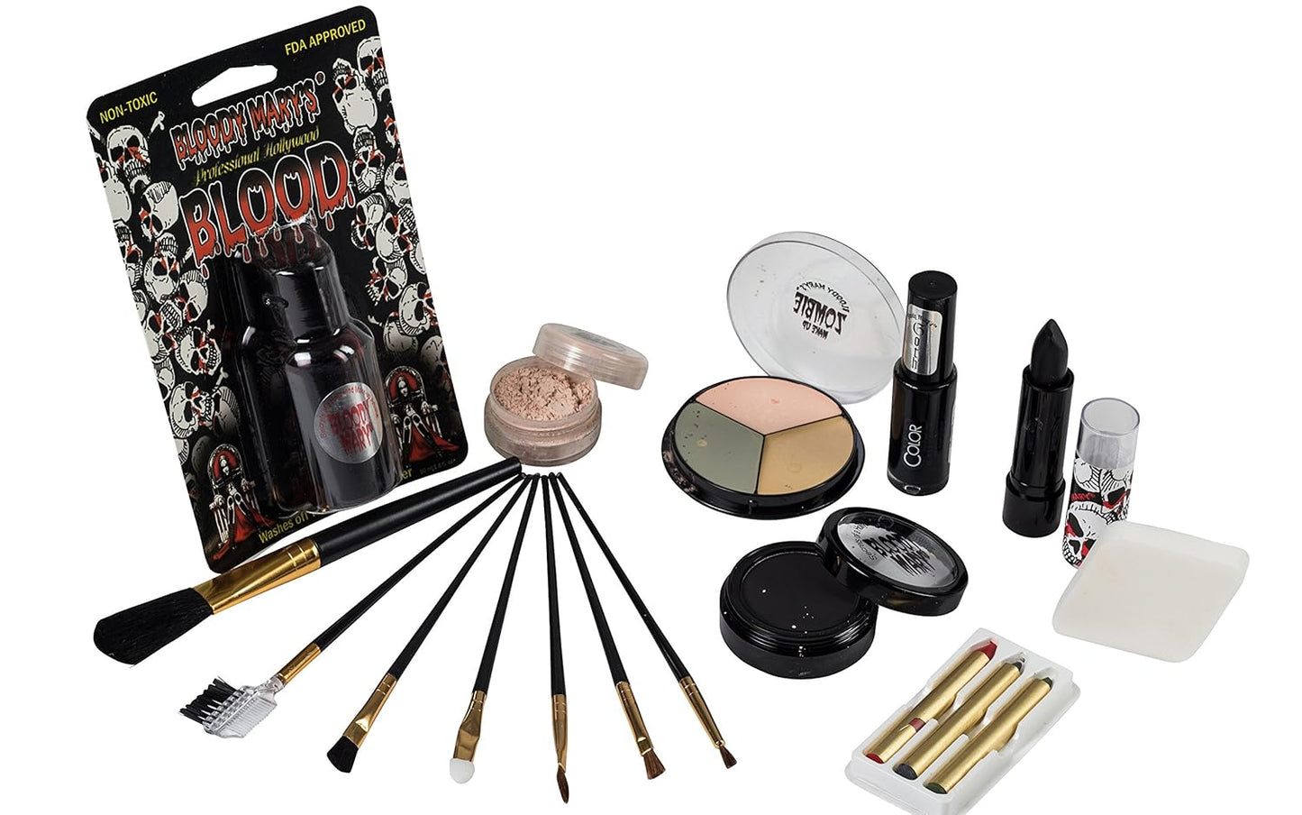 Bride Of Frankenstein Special Effects Makeup Kit - By Bloody Mary - Professional Halloween Monster SFX Makeup - Includes Lipstick, Foundation, Setting Powder, 3 Crayons, 4 Brushes, Eye Shadow & Sponge