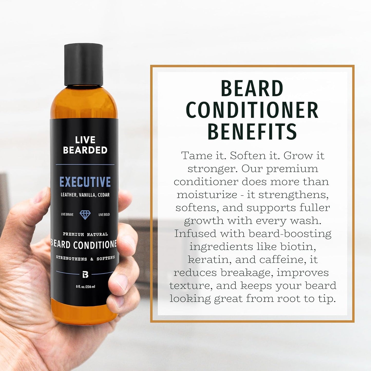 Live Bearded Beard Conditioner, 8 fl oz - Strengthens and Softens Facial Hair - Made in the USA - All-Natural Ingredients with Biotin, Caffeine | Executive Scent - Cedar, Vanilla