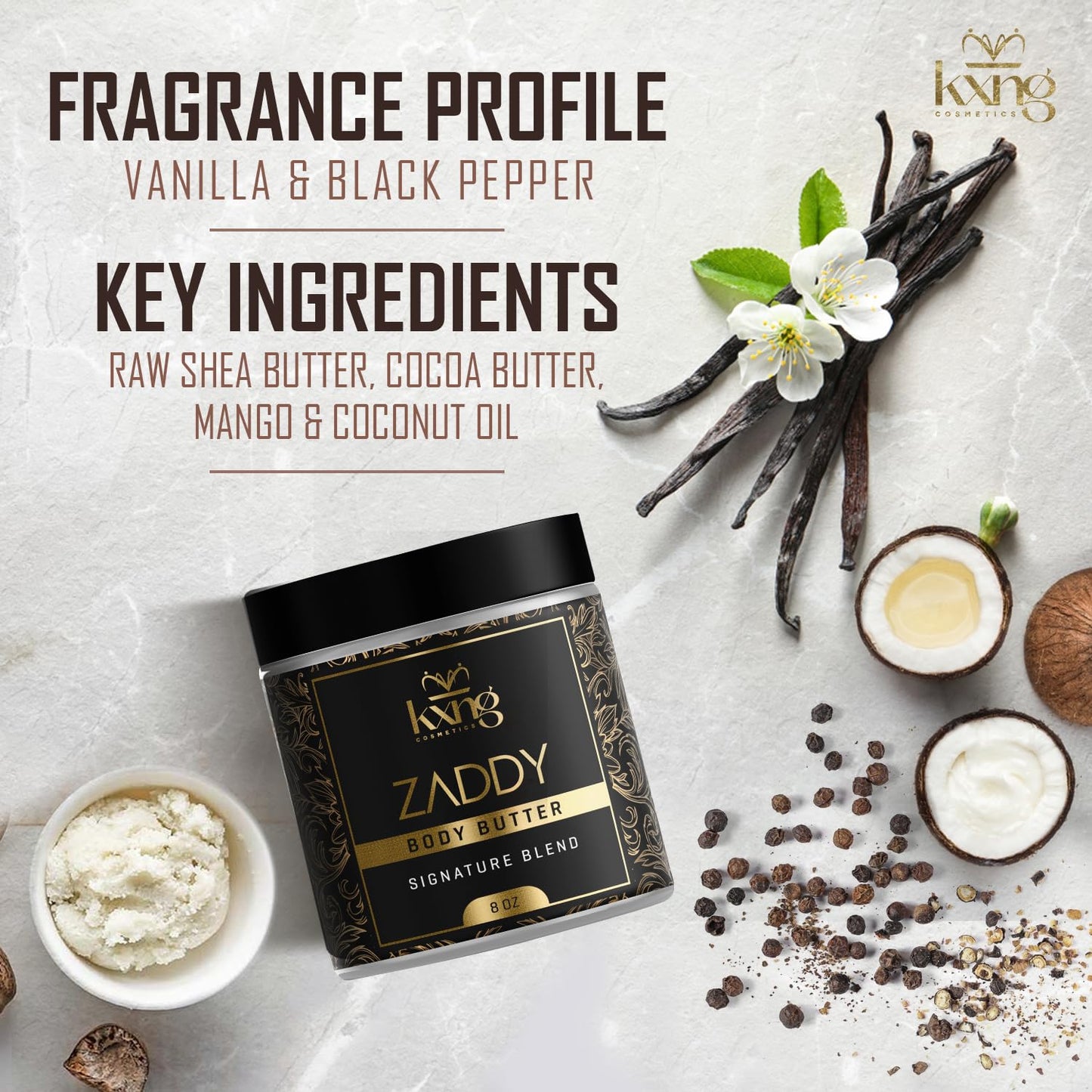 KXNG Cosmetics, Body Butter, Organic Skin Care for Men and Women, Body Moisturizer Lotions and Creams, Raw Shea Butter, Cocoa Butter, Mango, Coconut Oil, Hand, Foot, All Skin Types (Zaddy XL)