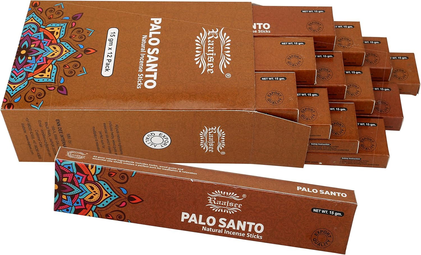 Raajsee Palo Santo Incense Sticks (180 GMS), 100% Pure Organic Natural Hand Rolled Free from Chemicals- Perfect for Aromatherapy, Cleansing, Meditation, and Church (Pack of 12)