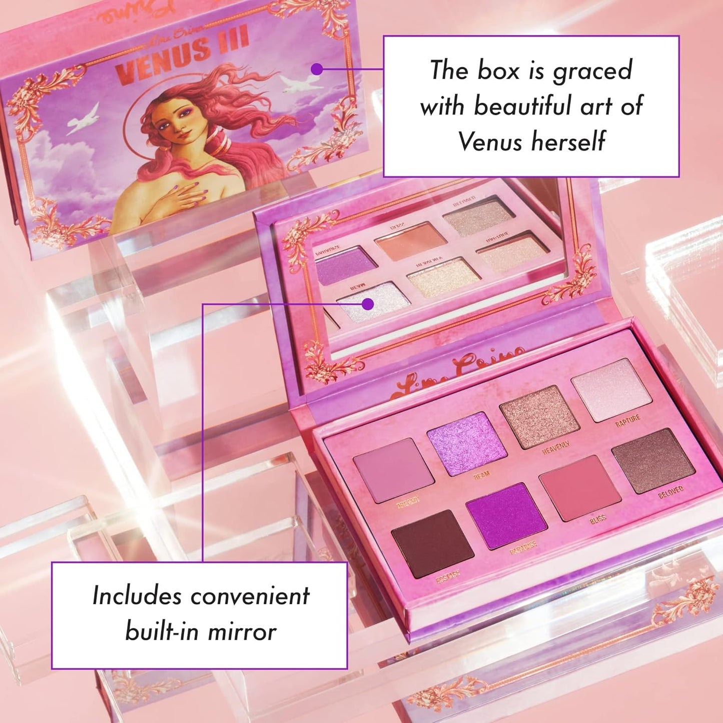 Lime Crime Eye & Face Palette, Venus 3-8 Shades in Matte, Glitter & Metallic Finishes of Dreamy Pinks & Purples - Highly Pigmented Color & Easy to Blend Formula - Mirrored Box - Vegan