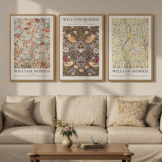 Large Framed William Morris Wall Art Set of 3, Vintage Strawberry Thief Canvas by Cuspin